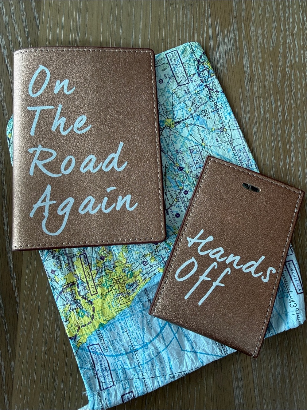 Rose Gold On The Road Again & Hands Off Passport Holder & Luggage Tag Map Bag